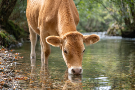 A cow healthy stands in a stream drinking water while the clear reflection can be seen in the surface. The scene captures natural daylight in a rural environment.の素材