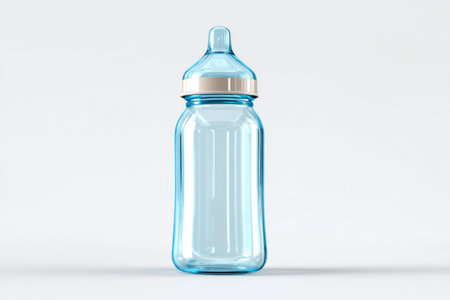 A baby bottle is placed on a plain white background. The bottle is clear with a light cap. The focus is sharp and there are no distractions. The lighting highlights the bottle.の素材