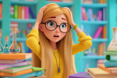 A blonde girl with glasses looks surprised while surrounded by stacks of books and science equipment in a bright school library filled with colorful shelves.の素材