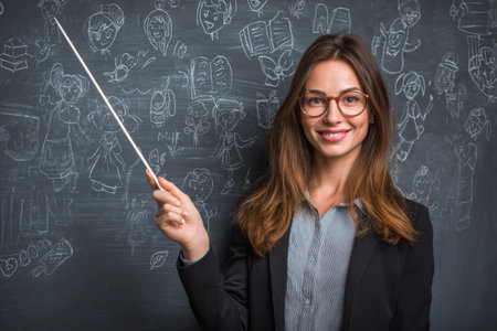 The female teacher stands confidently in front of the chalkboard filled with drawings. She points to the side with a pointer, engaging her students during a classroom lesson.の素材