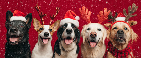 Five dogs wear Christmas hats and reindeer antlers while showing excitement for the holiday. Red background adds to the festive spirit and joy of the celebration.の素材