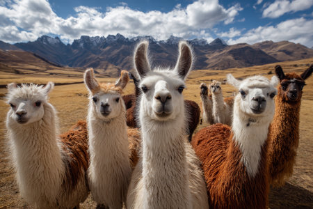 Llamas are gathered together in an open area of the Andes mountains. The background shows hills and clouds. The llamas face the camera, showcasing their features.の素材