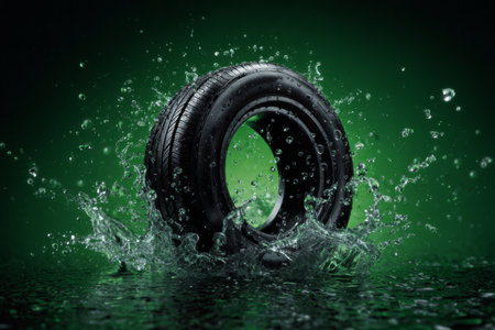 Black tire centered in a green background with water droplets splashing off its surface. Light reflections add depth to the visual experience in this advertising design.の素材