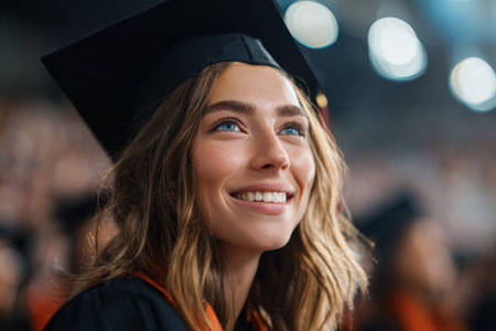 A young student smiles while attending a graduation event in a large indoor space. The atmosphere is full of excitement as graduates celebrate their achievements with friends and family.の素材