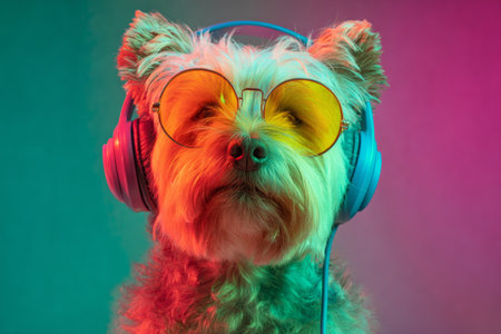 A dog uses a headset plugged directly into its ears, enjoying the music with a joyful expression. The setting features vibrant colors that enhance the fun mood.の素材