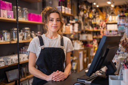 A young woman stands behind a cash register wearing an apron. She has her hands placed together in front of her. Shelves filled with various products surround her in a retail space.の素材
