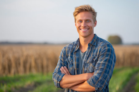 A young farmer stands in a field with crops growing around him. He smiles confidently with arms crossed. His tall stature and work clothes show his dedication to farming as the sun sets.の素材