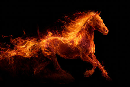 A horse is running fast, surrounded by flames. The dark background adds contrast to the bright fire. This scene captures movement and intensity in a nighttime setting.の素材