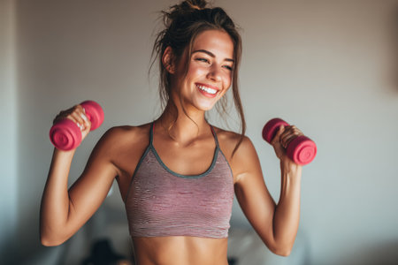 A young woman lifts pink dumbbells in a home gym setting. She smiles while engaged in her exercise routine. The lighting indicates it is daytime.の素材