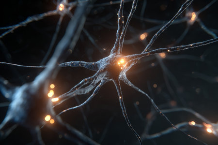 Neurons are shown with long, thin structures that connect and send signals. Bright points of light indicate areas of activity. This scene highlights the complexity of nervous system communication.の素材