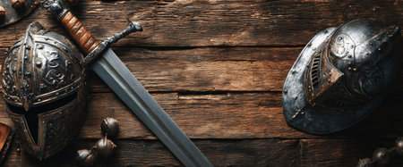 An ancient knight sword lay next to armor on a wooden table, showing fine details and textures. The flat lay creates an interesting scene for viewers to explore.の素材