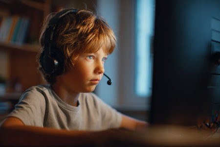 A child sits at a desk wearing a headset and focuses intently on a computer screen in a well-lit room. Books and shelves are visible in the background.の素材