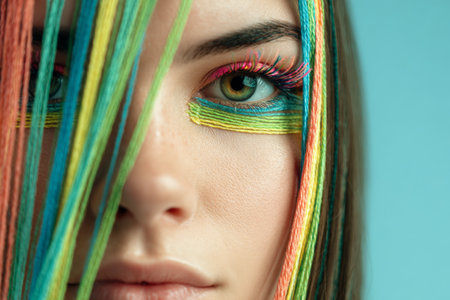 A young woman showcases unique colorful strings around her eyes and lashes. The close-up captures her dark green hair and clear skin texture against a light blue background.の素材