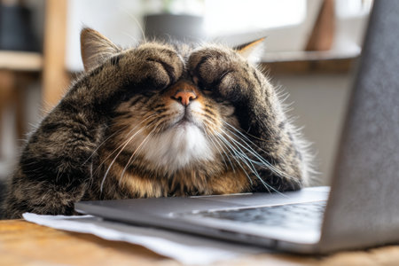 A cute chubby cat with black brown tabby fur sits at a table, using a laptop. The cat uses its paws on the keyboard, focused on the screen. Bright indoor light fills the space.の素材