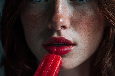 A woman takes a bite of a red popsicle. Her lips touch the icy treat as she savors the flavor. The scene captures bright colors and a sense of enjoyment.の素材
