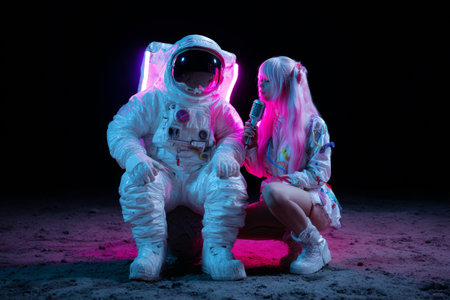 An astronaut in a white suit sits on the moons surface. A young girl with pink hair stands beside him holding a microphone. Neon lights create a colorful backdrop in the dark.の素材