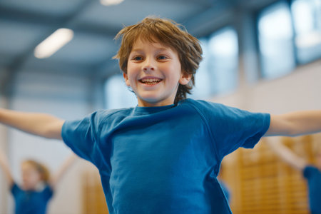 A child smiles widely while participating in a fun activity indoors. Other children can be seen in the background also enjoying their time in the gym setting.の素材