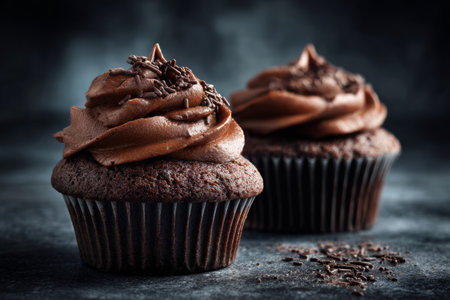 Delicious chocolate cupcakes with soft chocolate frosting sit on a dark surface. The low-angle view highlights the rich details and textures of the frosting and cake, inviting a closer look.の素材