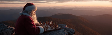 Santa sits on a rock overlooking mountains while playing chess during sunset. The sky has warm colors as he focuses on the game and surroundings.の素材