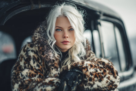 A girl with white hair and blue eyes sits on a black retro car in winter. She wears a fur coat with an animal print. The scene captures a fashion photo shoot style.の素材