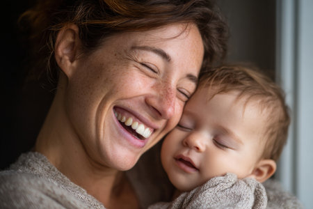 A woman holds a baby close to her face while both smile naturally. The scene takes place indoors with soft lighting. They share a joyful moment in a tender embrace.の素材