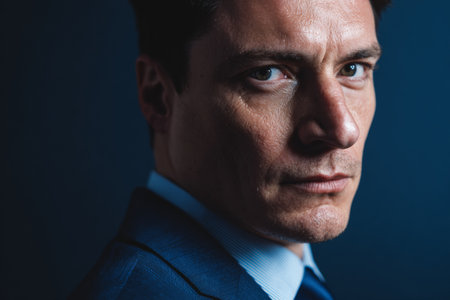A man with short hair is looking at the camera. He is wearing a blue suit and has a serious expression. The background focuses on dark, and the light on his face showing details clearly.の素材