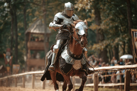 A knight in shining armor rides a horse at full speed, preparing to joust during a grand tournament. The scene is vibrant and filled with spectators enjoying the medieval event.の素材