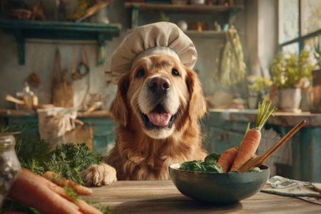 A happy dog sits at a rustic table in a cozy kitchen. Wearing a chef hat, it holds a wooden spoon while fresh veggies and chicken are laid out ready to cook.の素材
