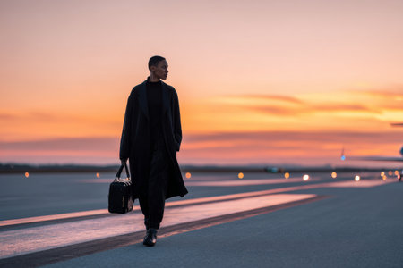 A traveler walks alone across a runway at dawn, dressed in black techwear and holding a sleek wallet. A soft glow lights the scene with reflections on the tarmac.の素材