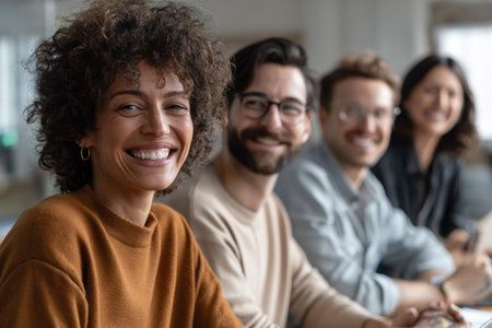 Four friends sit together at a table, smiling and enjoying each others company. They share laughter and conversation in a well-lit indoor area.の素材