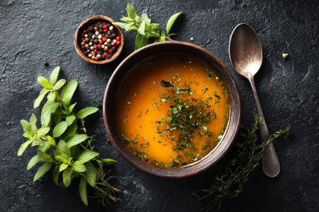 A bowl filled with soup sits on a dark rock surface. Nearby are fresh herbs and a spoon. Colorful peppercorns are in a small bowl. The scene has many textures and colors.の素材