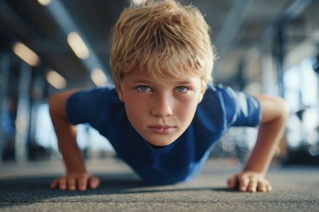 A boy in a blue shirt performs push-ups on a gym floor. He focuses on his exercise while surrounded by gym equipment and bright lighting.の素材