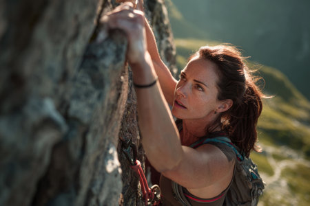 A female climber in her mid 40s climbs a cliff wearing a harness. It is morning with sunshine in the mountains. Focus is on her determination and skill while climbing.の素材