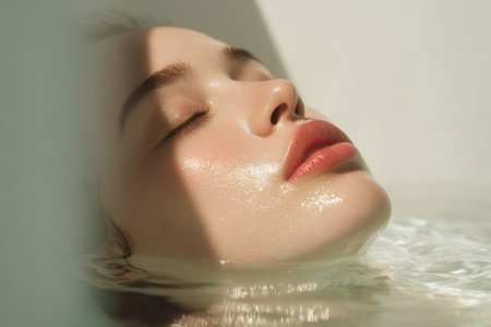 A woman lies in water with her face submerged. Her eyes are closed and lips are slightly parted. Light creates ripples on the surface, reflecting her features.の素材