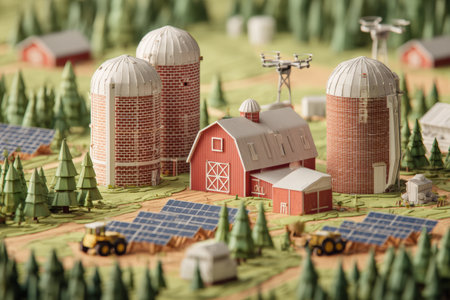 The artwork shows a plantation with silos, trees, solar panels, and drones above. Tractors work in the fields. This 3D scene highlights modern agriculture and sustainability.の素材