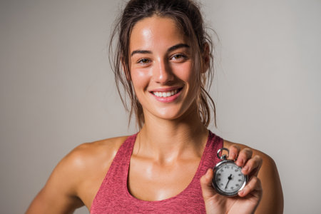 A young woman stands in an indoor training space holding a stopwatch. She smiles at the camera as she prepares for her next workout.の素材