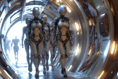 Humanoid female aliens exit a cyborg spacecraft in a futuristic environment. The setting features bright light and detailed design, showing their unique appearance and advanced technology.の素材