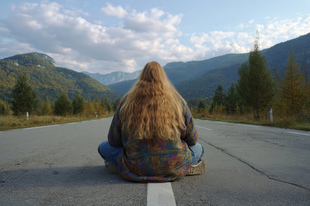 A mountain man is sitting on a road with his back to the camera. He has a long blond beard. Small mountains and trees can be seen in the distance. The scene is bright and clear.の素材