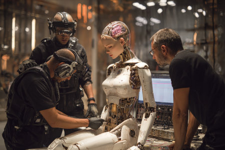 Engineers work in a futuristic workshop on building a humanoid woman. The robot is both human and machine. The workspace has advanced technology and tools.の素材