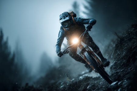 A professional mountain biker speeds down a rocky path at night. A light on the helmet brightens the terrain, showing details in the rocks. The setting is dramatic with diffused lighting.の素材