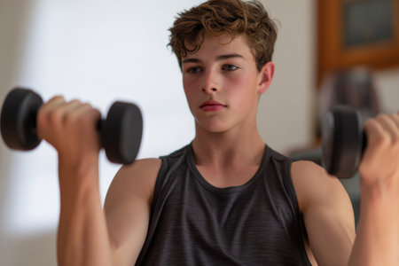 A young boy performs weight lifting exercises at home. He focuses on maintaining proper form while lifting dumbbells. The setting is bright and casual, indicating an active lifestyle.の素材
