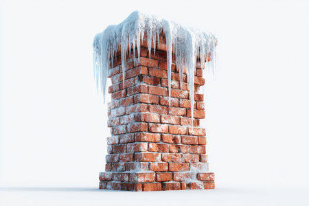 This scene showcases a brick chimney covered in icicles. The chimney stands against a plain white background, enhanced by professional lighting that highlights its details and texture.の素材