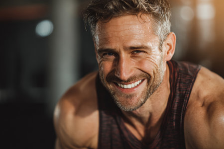A man smiles after finishing his workout at the gym. He is focused on his fitness routine and enjoys the exercise. The setting shows gym equipment in the background.の素材