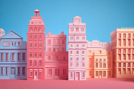 Several buildings designed in papercut art style stand against a bright blue background. The structures feature colorful details and showcase a creative urban scene.の素材