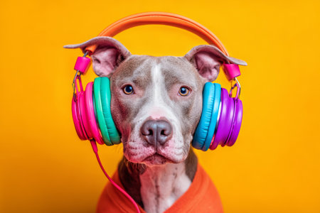 A dog sits still, wearing a colorful headset directly in its ears, enjoying the music. The background is bright and playful, making the scene lively and cheerful.の素材