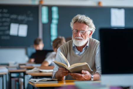 A teacher reads a book in a classroom filled with students engaged in their work. The setting is bright and busy, typical of a learning environment.の素材