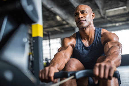 A man is using a rowing machine in a gym. He is focused and engaged in his workout. The gym has a spacious layout with natural light coming through the windows.の素材
