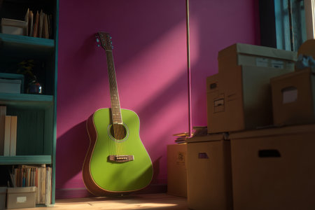 A small apartment storage room features a green acoustic guitar leaning against a magenta wall. Sunlight fills the room, highlighting shelves and labeled boxes.の素材