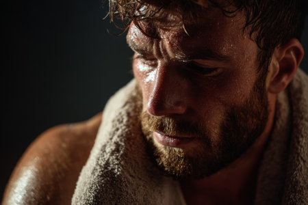 A man is resting after a workout in a gym. He has a towel on his shoulder and sweat on his face. The focus is on his expression and determination while he takes a break.の素材
