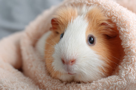 A guinea pig is sick and being looked after by a person at home. The animal is wrapped in a soft towel for warmth while resting. Care and attention are given to its needs.の素材